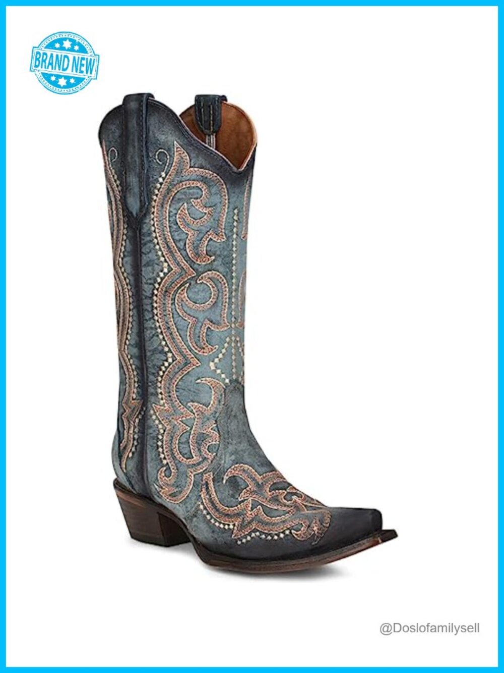 Leather Western Boots Snip Toe Embroidered Mid Calf Cowboy Heel